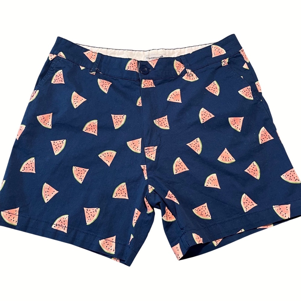 Caribbean Joe Watermelon Shorts Womens 10 Navy Blue Fruit Print Tropical Chino